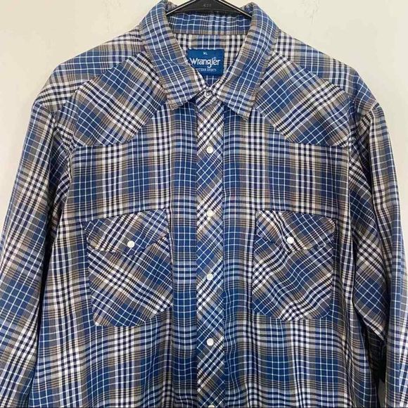 Wrangler Western Shirt Mens Pearl Snaps Blue Plaid Cotton Long Sleeve Size XL‎ - Picture 1 of 9